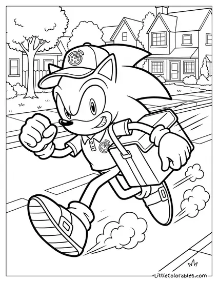 Sonic Dressed as a Pizza Delivery Guy Running Fast Coloring Page