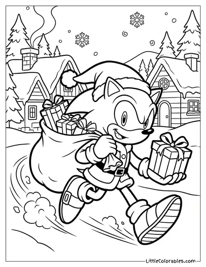 Sonic Dressed as Santa Claus Delivering Gifts Fast Coloring Page