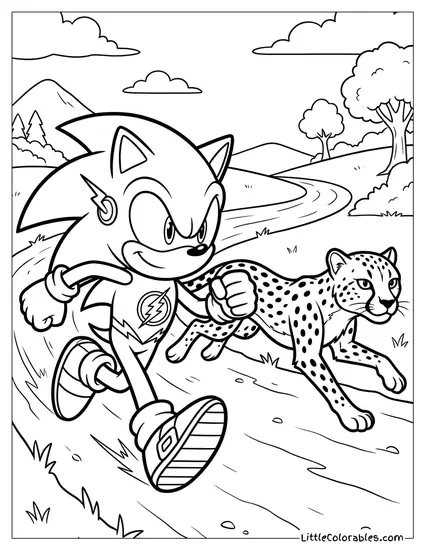 Sonic Dressed as the Flash Racing a Cheetah Coloring Page