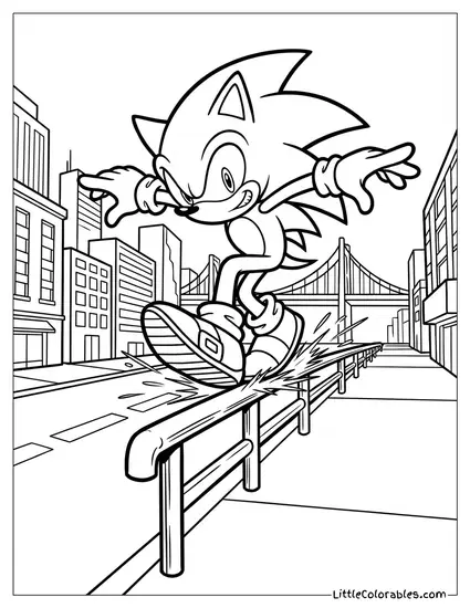 Sonic Grinding on a Rail in the City Coloring Page