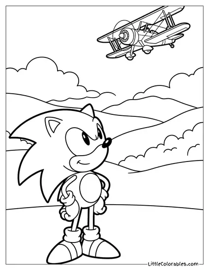 Sonic Looking at the Tornado Plane Coloring Page