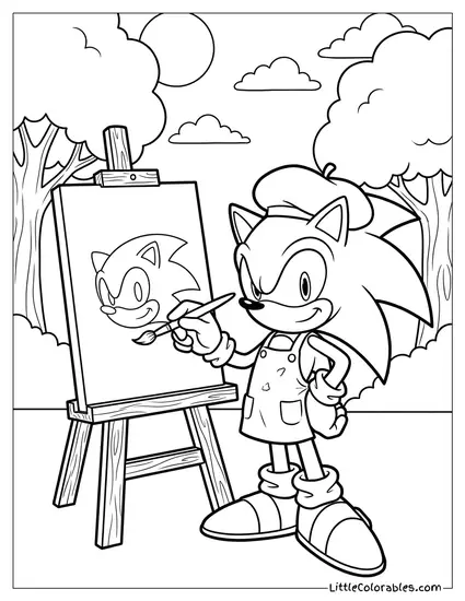 Sonic Painting a Self Portrait on an Easel Coloring Page