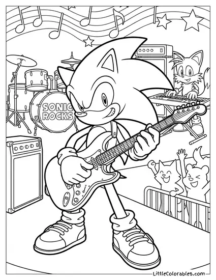 Sonic Playing Guitar in a Rock Band Coloring Page