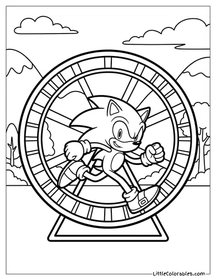 Sonic Running on a Giant Hamster Wheel Coloring Page