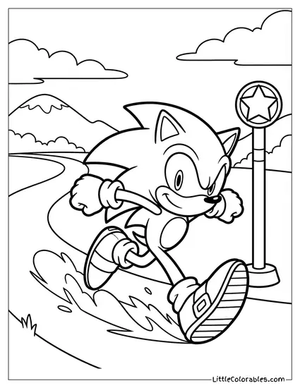 Sonic Running Past a Checkpoint Star Post Coloring Page