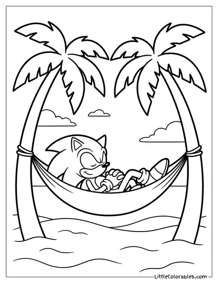 Sonic Sleeping in a Hammock Between Two Palm Trees Coloring Page