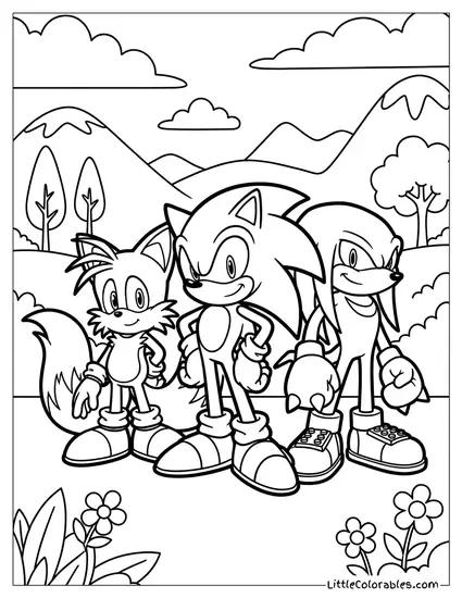 Sonic Standing with Tails and Knuckles Coloring Page