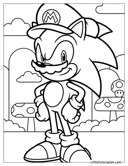 Sonic Wearing Mario's Hat and Mustache Coloring Page