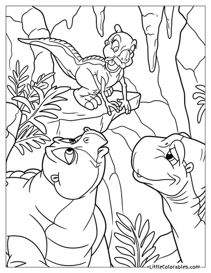 Spike and Littlefoot Looking Up At Ducky Coloring Page