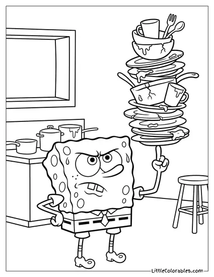 SpongeBob Balancing a Towering Stack of Dirty Dishes Coloring Page