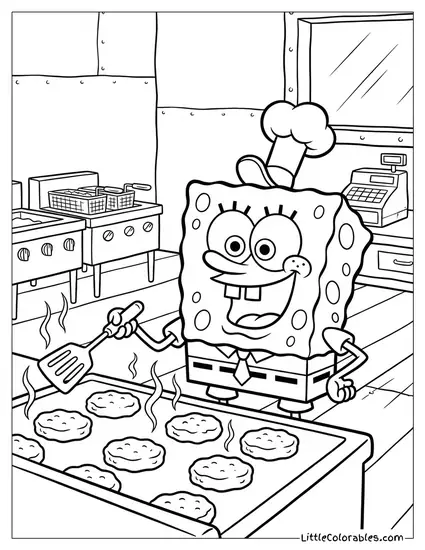 SpongeBob Cooking Krabby Patties at the Grill Coloring Page