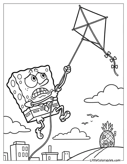 SpongeBob Desperately Clinging to a Flying Kite Coloring Page