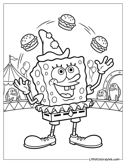 SpongeBob Dressed as a Clown Juggling Patties Coloring Page
