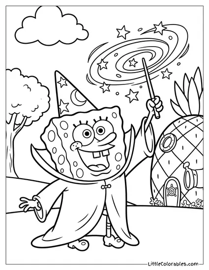 SpongeBob Dressed as a Wizard Casting Magic Coloring Page