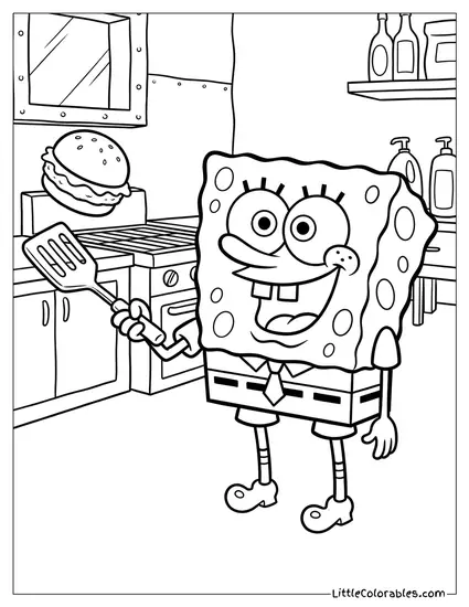 SpongeBob Eagerly Flipping a Krabby Patty Coloring Page