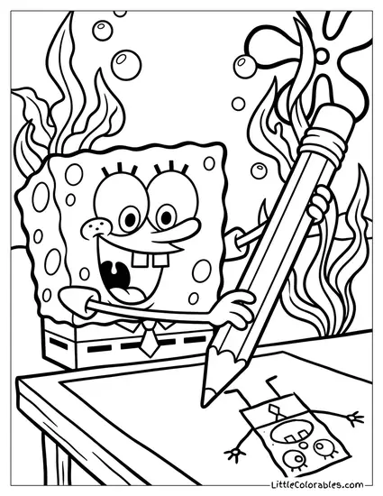 SpongeBob Excitedly Holding a Giant Pencil Coloring Page
