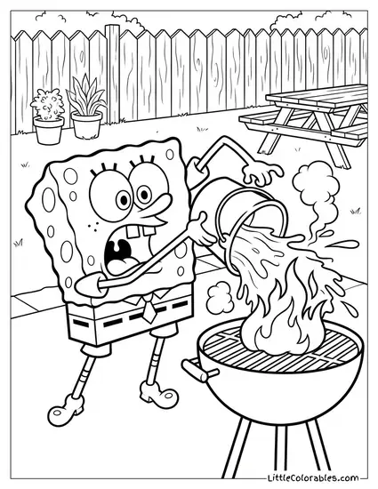 SpongeBob Frantically Trying to Put Out a Small Fire on the Grill Coloring Page