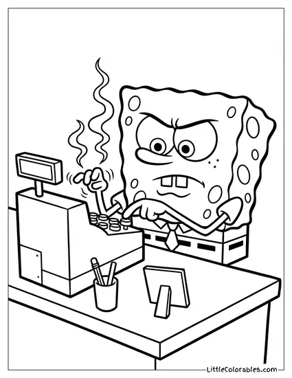 SpongeBob Furiously Typing on a Cash Register Coloring Page