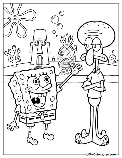 SpongeBob Giving a High Five to Squidward Coloring Page