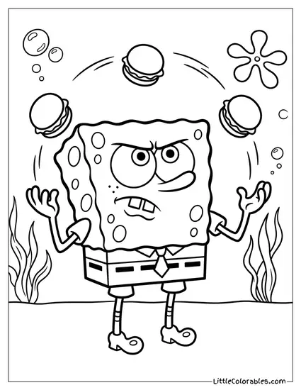 SpongeBob Juggling Three Krabby Patties Coloring Page