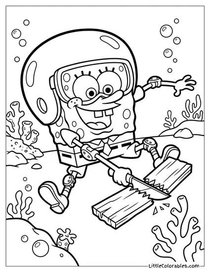 SpongeBob Karate Chopping a Piece of Wood in Half Coloring Page