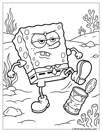 SpongeBob Kicking a Rusty Tin Can Across the Sea Floor Coloring Page