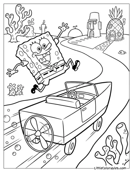 SpongeBob Leaping Out of the Way of a Speeding Boatmobile Coloring Page