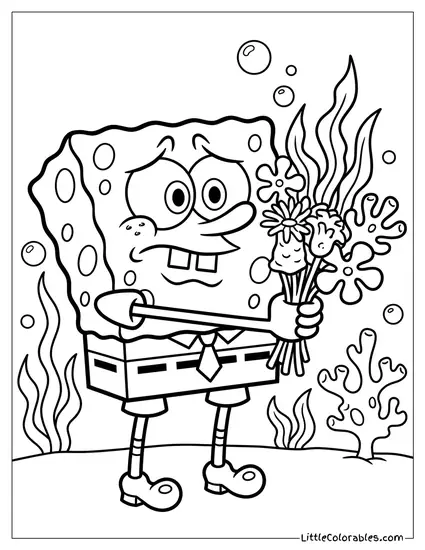 SpongeBob Offering a Bouquet of Sea Flowers Coloring Page
