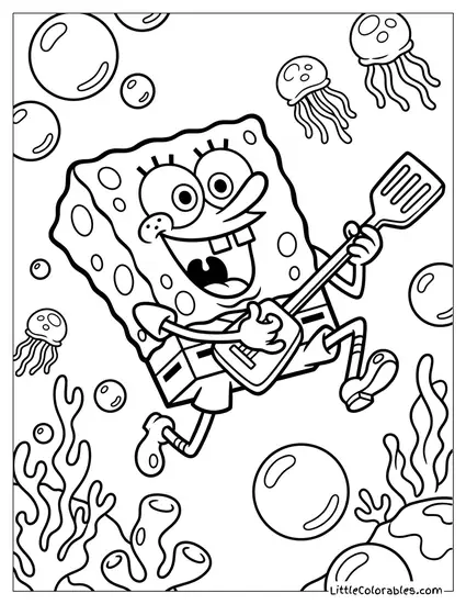 SpongeBob Performing a Majestic Mid-air Guitar Solo Coloring Page