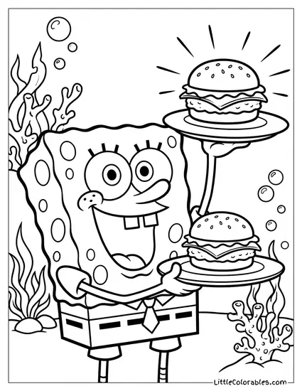 SpongeBob Proudly Holding Up a Perfect Golden Krabby Patty Coloring Page