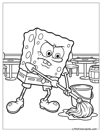 SpongeBob Scrubbing the Floor of the Krusty Krab Coloring Page