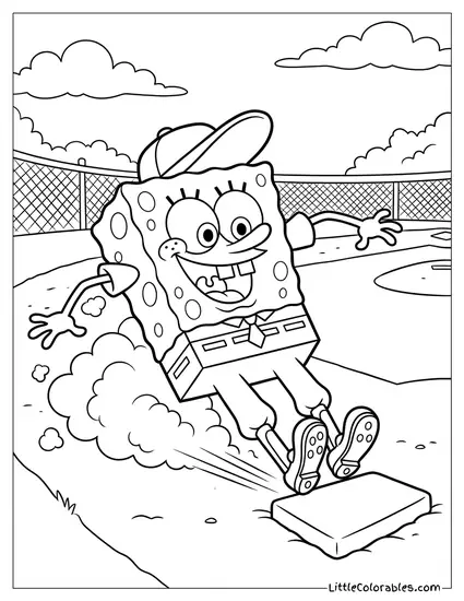 SpongeBob Sliding into Home Base During Baseball Game Coloring Page