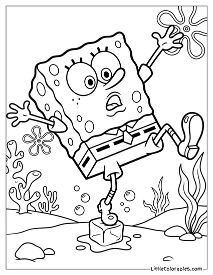 SpongeBob Slipping Clumsily on an Ice Cube Coloring Page