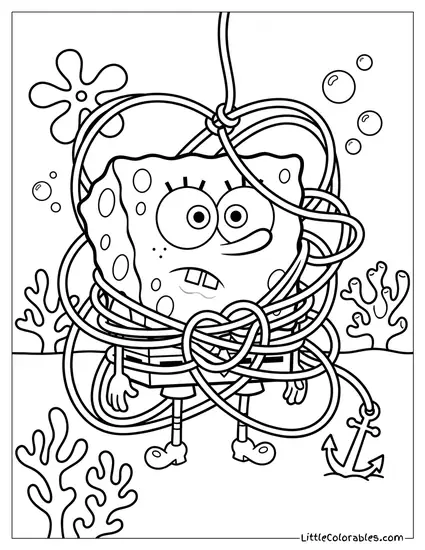 SpongeBob SquarePants Tangled in a Massive Knot of Fishing Line Coloring Page