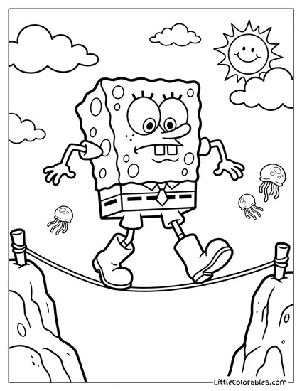 SpongeBob Tiptoeing Carefully Across a Tightrope Coloring Page