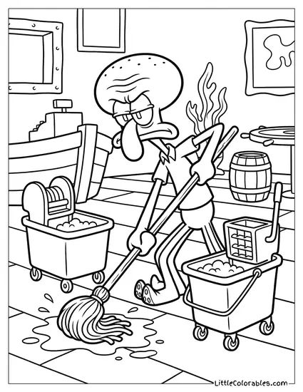 Squidward Aggressively Scrubbing the Floor with Mop Coloring Page