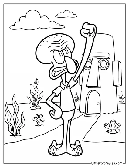 Squidward Angrily Shaking His Fist at Sky Coloring Page