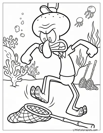 Squidward Angrily Stomping a Jellyfish Net Coloring Page