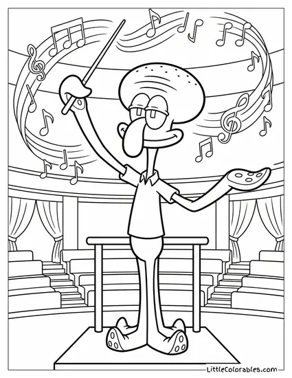 Squidward Confidently Conducting an Orchestra with Baton Coloring Page