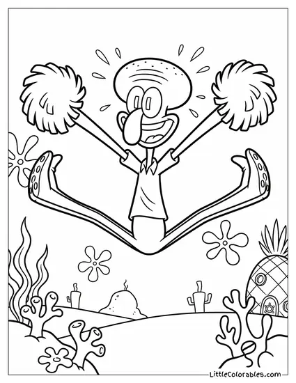 Squidward Doing a Joyful Cheerleader Split Coloring Page
