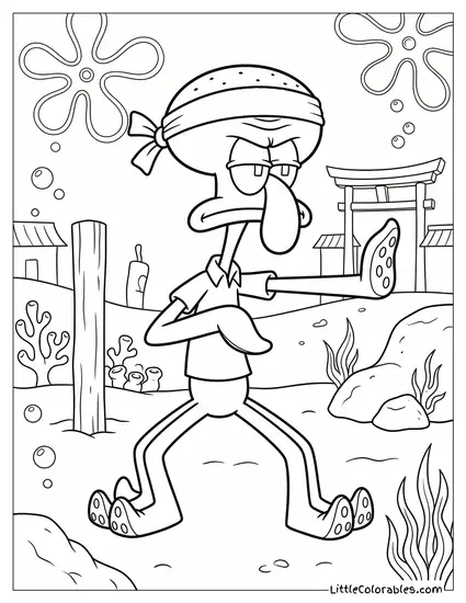 Squidward Doing a Rigid Martial Arts Stance Coloring Page