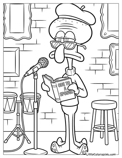 Squidward Dressed as a Beatnik Poet Reading Coloring Page