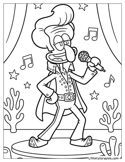 Squidward Dressed as Elvis Presley Singing Coloring Page