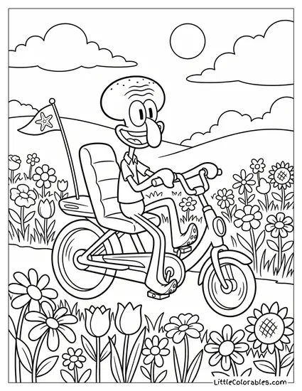 Squidward Excitedly Riding Bicycle Through Flowers Coloring Page