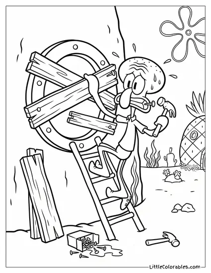 Squidward Frantically Boarding Up His Windows Coloring Page