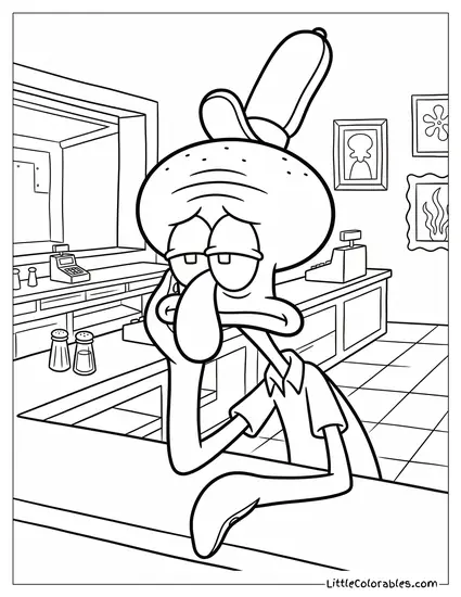 Squidward Looking Completely Exhausted and Drained Coloring Page