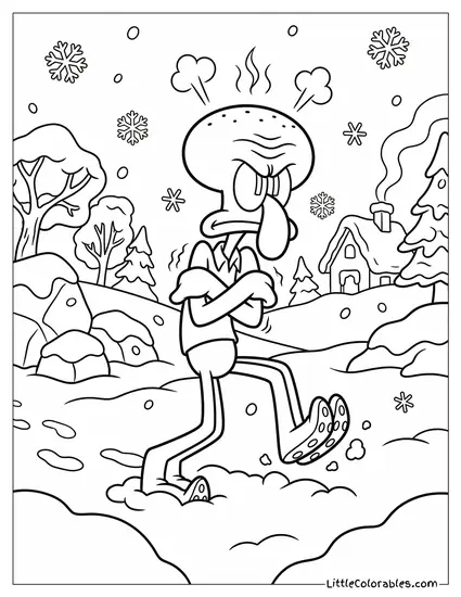 Squidward Marching Angrily Through the Snow Shivering Coloring Page