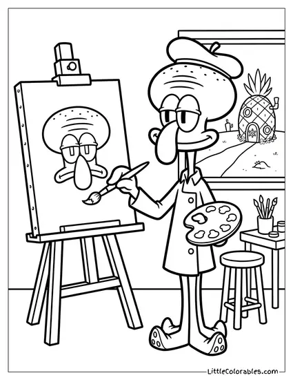 Squidward Painting a Self Portrait Coloring Page