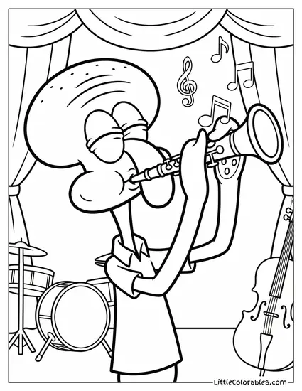 Squidward Passionately Playing His Clarinet Coloring Page