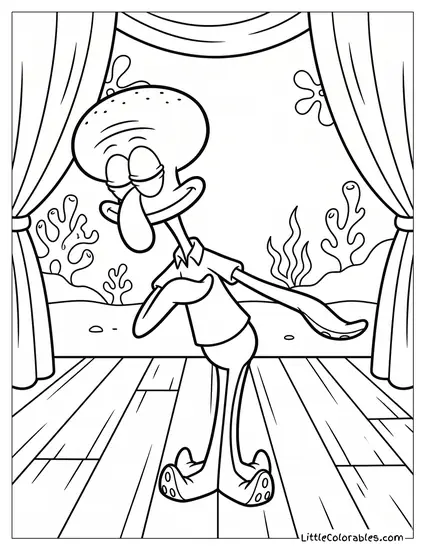 Squidward Performing an Elegant Theatrical Bow Coloring Page